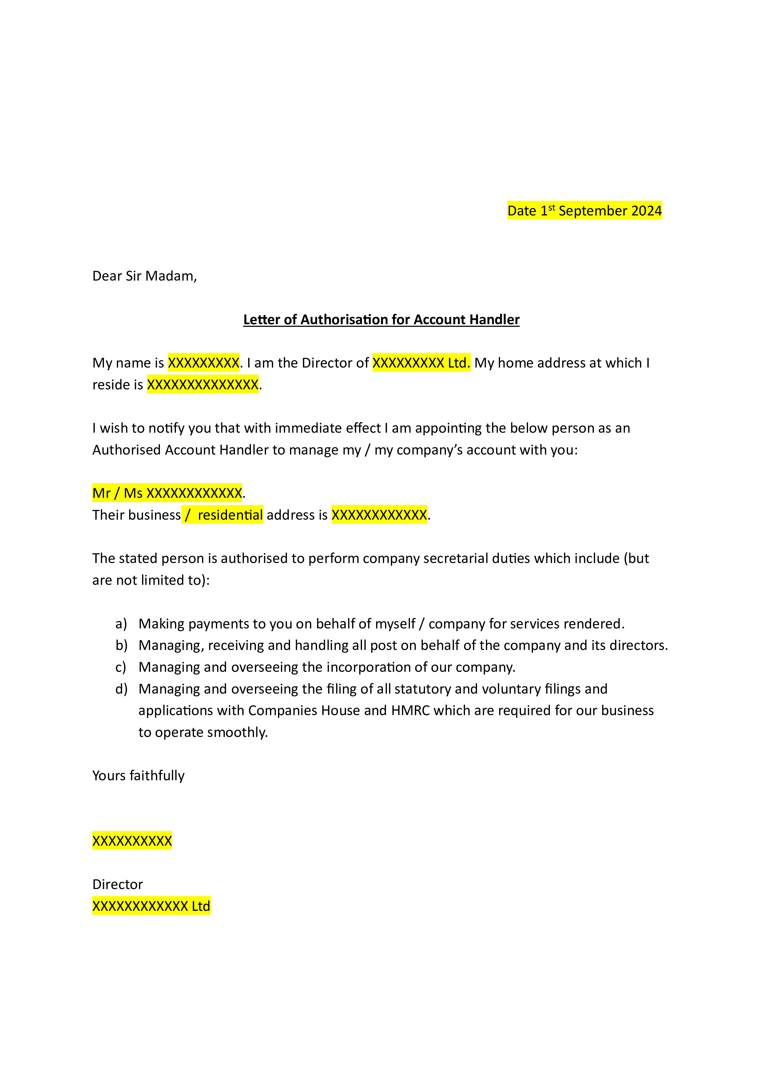 Sample letter of authorisation