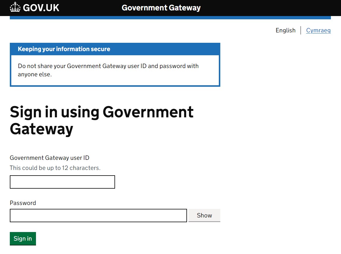 Government Gateway user ID and password