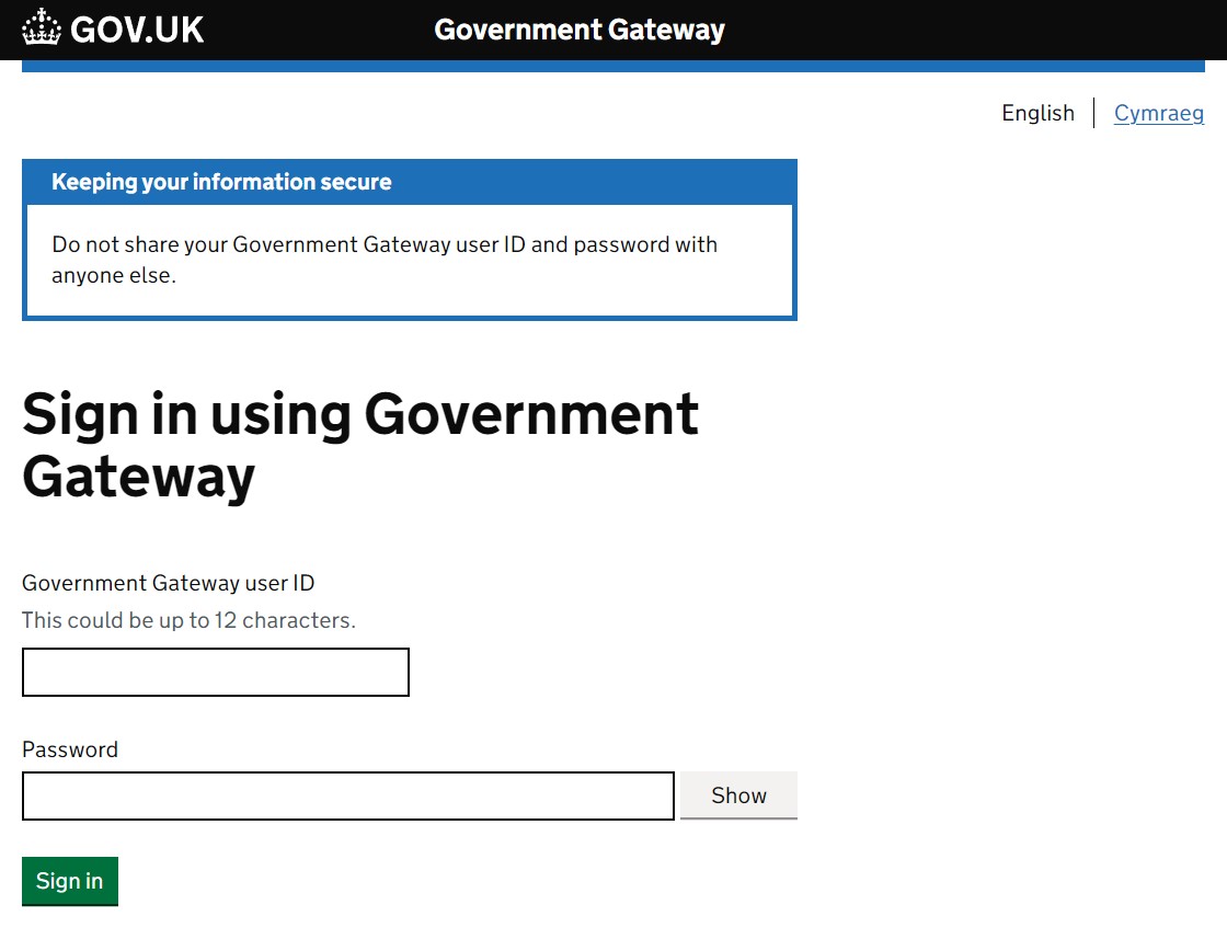 Sign in using Government Gateway